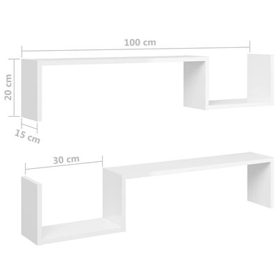 vidaXL Wall Shelf 2 pcs High Gloss White 100x15x20 cm Engineered Wood