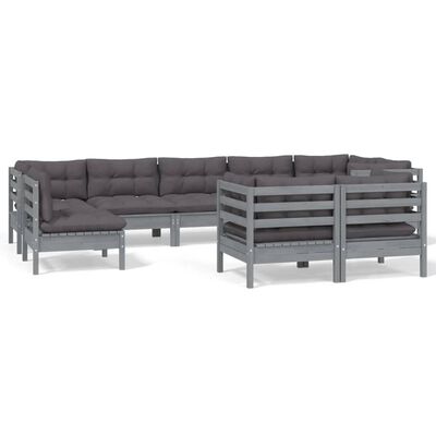 vidaXL 9 Piece Garden Lounge Set with Grey Cushions Solid Pinewood