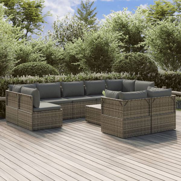 vidaXL 10 Piece Garden Lounge Set with Cushions Grey Poly Rattan