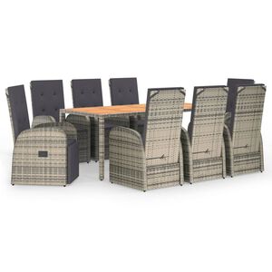 vidaXL 9 Piece Garden Dining Set with Cushions Grey Poly Rattan