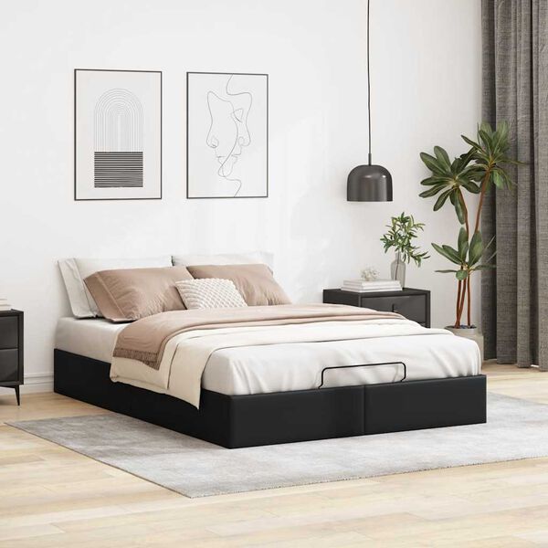 vidaXL Ottoman Storage Bed Frame without Mattress Black Double Faux Leather