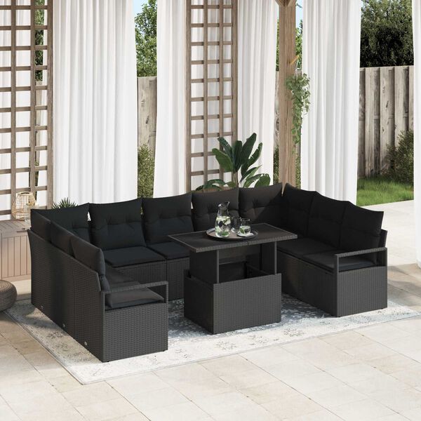 vidaXL Garden Sofa Set with Storage 10 pcs Black Poly rattan