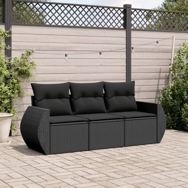 vidaXL 3 Piece Garden Sofa Set with Cushions Black Poly Rattan