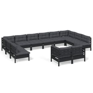 vidaXL 12 Piece Garden Lounge Set with Cushions Black Solid Pinewood