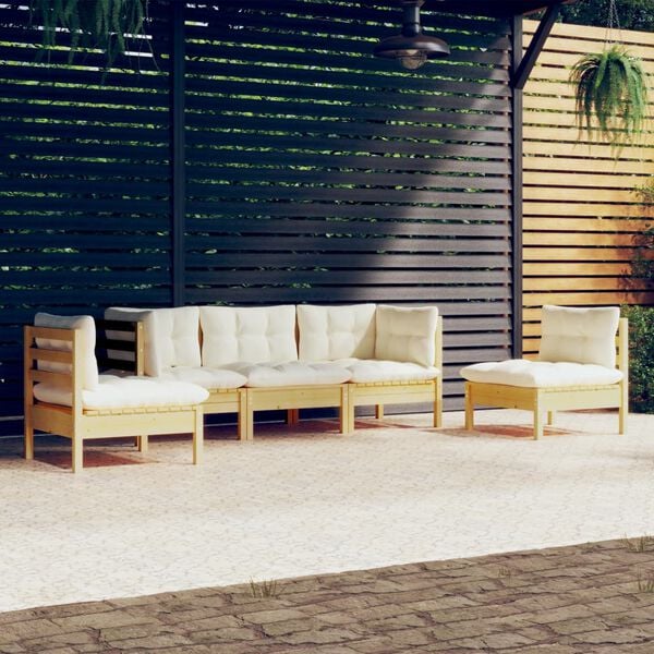 vidaXL 5 Piece Garden Lounge Set with Cream Cushions Solid Pinewood