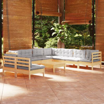 vidaXL 10 Piece Garden Lounge Set with Grey Cushions Solid Pinewood