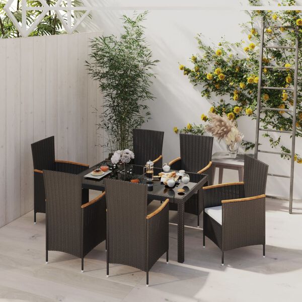 vidaXL 7 Piece Outdoor Dining Set with Cushions Poly Rattan Black