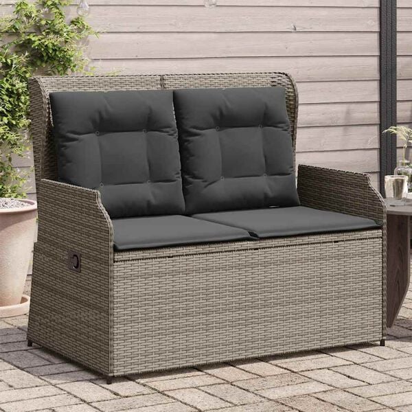 vidaXL Reclining Garden Bench with Cushions Grey Poly Rattan