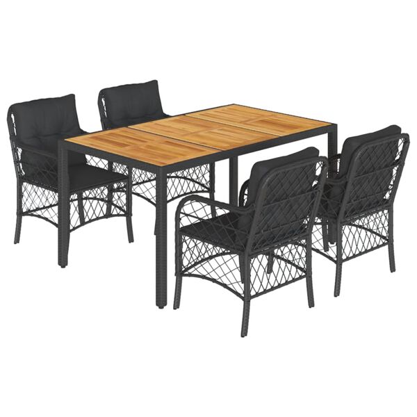 vidaXL 5 Piece Garden Dining Set with Cushions Black Poly Rattan