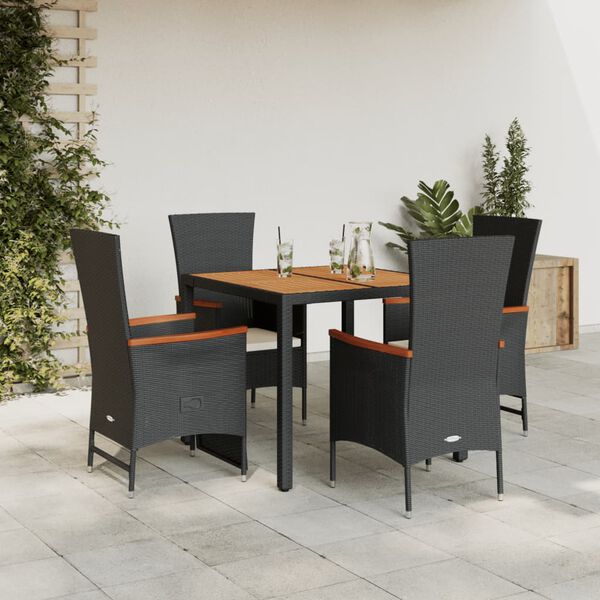 vidaXL 5 Piece Garden Dining Set with Cushions Black Poly Rattan