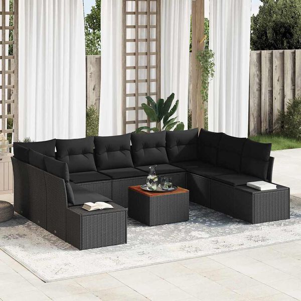 vidaXL Garden Sofa Set with Cushion 10 pcs Black Poly Rattan