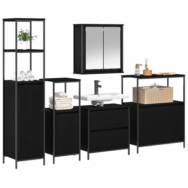 vidaXL Bathroom Furniture Set with Shelf 5 pcs Black Engineered wood