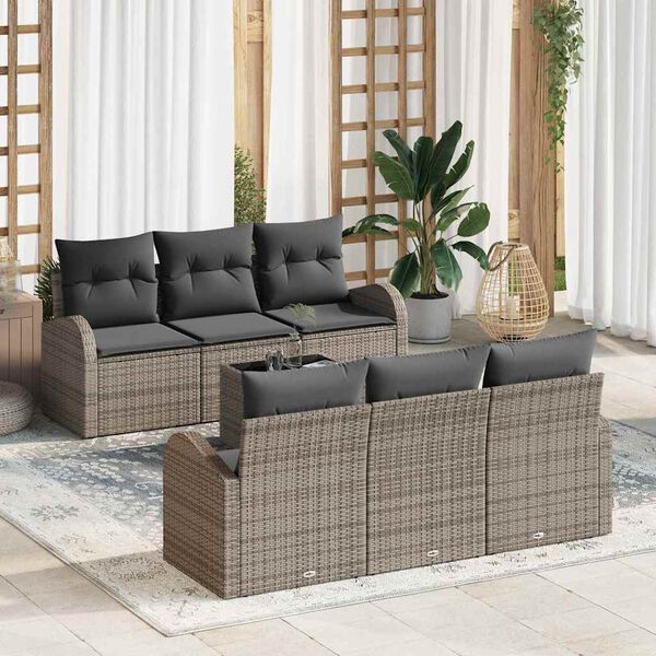 vidaXL Garden Sofa Set with Storage with Pillow 7 pcs Grey Poly Rattan