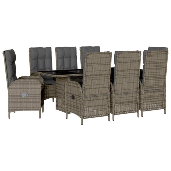 vidaXL 9 Piece Garden Dining Set with Cushions Grey Poly Rattan