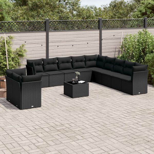 vidaXL 12 Piece Garden Sofa Set with Cushions Black Poly Rattan