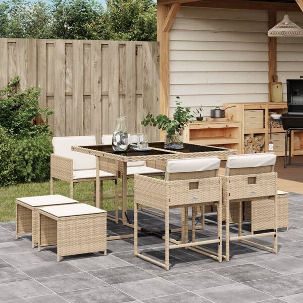 vidaXL 9 Piece Garden Dining Set with Cushions Beige Poly Rattan