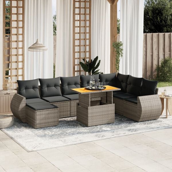 vidaXL 9 Piece Garden Sofa Set with Cushions Grey Poly Rattan