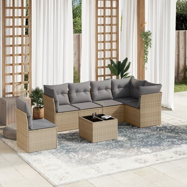 vidaXL 7 Piece Garden Sofa Set with Cushions Beige Poly Rattan