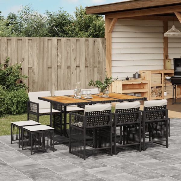 vidaXL 11 Piece Garden Dining Set with Cushions Black Poly Rattan
