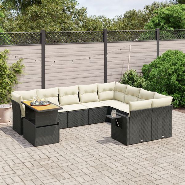 vidaXL 10 Piece Garden Sofa Set with Cushions Black Poly Rattan