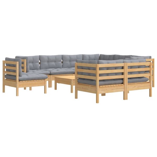 vidaXL 10 Piece Garden Lounge Set with Grey Cushions Solid Pinewood