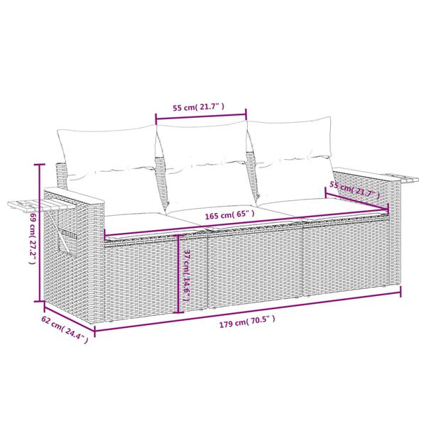 vidaXL 3 Piece Garden Sofa Set with Cushions Grey Poly Rattan