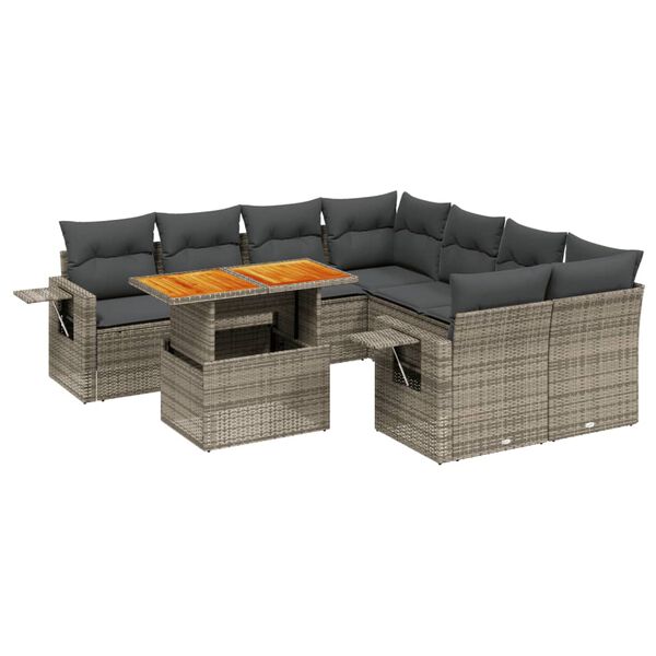 vidaXL 9 Piece Garden Sofa Set with Cushions Grey Poly Rattan
