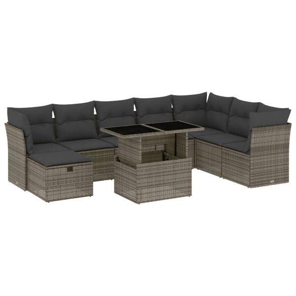 vidaXL 9 Piece Garden Sofa Set with Cushions Grey Poly Rattan