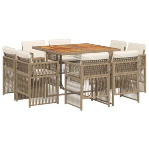 vidaXL 9 Piece Garden Dining Set with Cushions Beige Poly Rattan