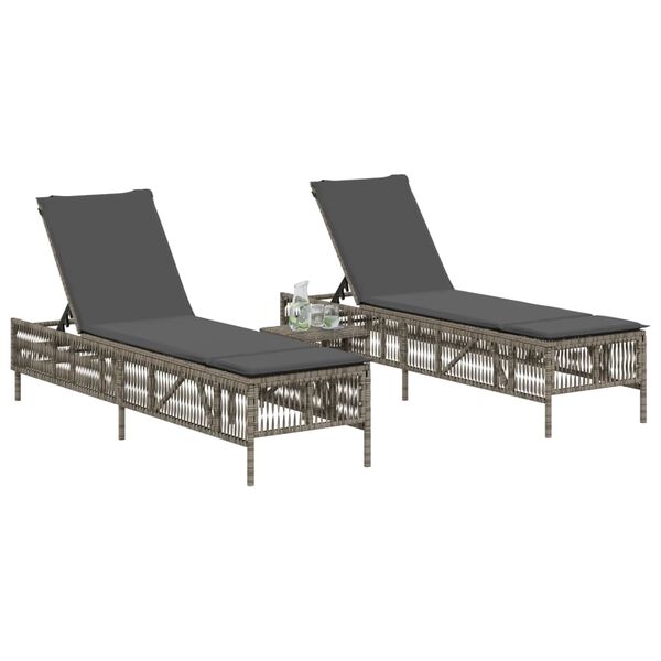 vidaXL Sun Loungers 2 pcs with Table Grey Poly Rattan