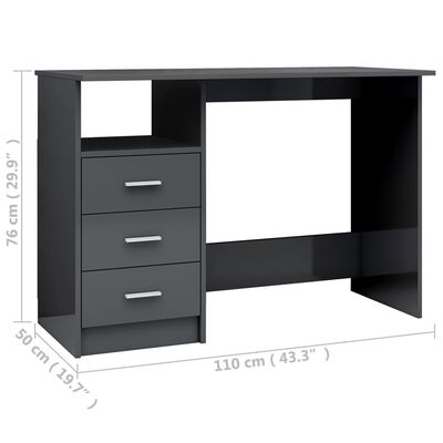 vidaXL Desk with Drawers High Gloss Grey 110x50x76 cm Engineered Wood