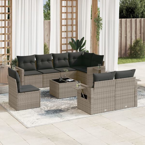 vidaXL 9 Piece Garden Sofa Set with Cushions Grey Poly Rattan