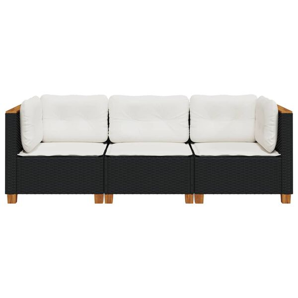 vidaXL Garden Sofa with Cushions 3-Seater Black Poly Rattan