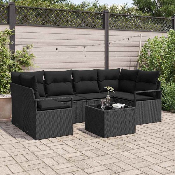 vidaXL Garden Sofa Set 7 pcs Black Poly Rattan and Steel and Glass