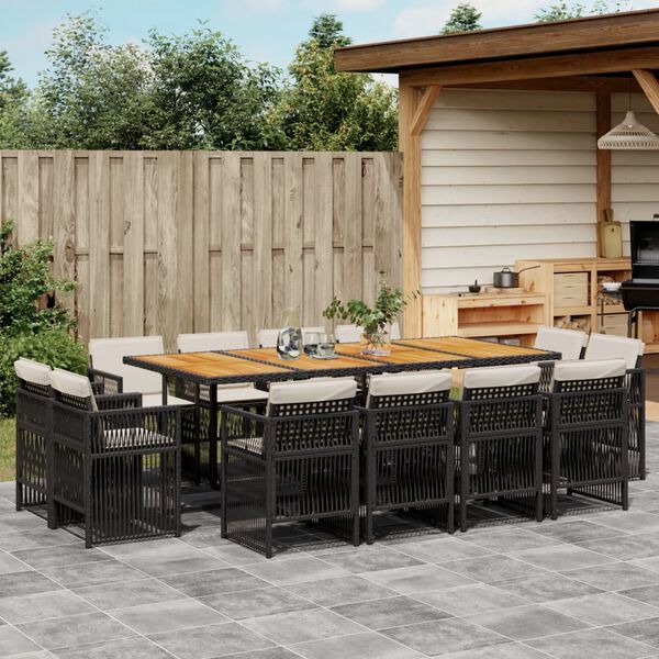 vidaXL 13 Piece Garden Dining Set with Cushions Black Poly Rattan