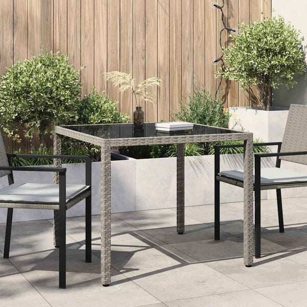 vidaXL Garden Table 90x90x75 cm Tempered Glass and Poly Rattan Grey