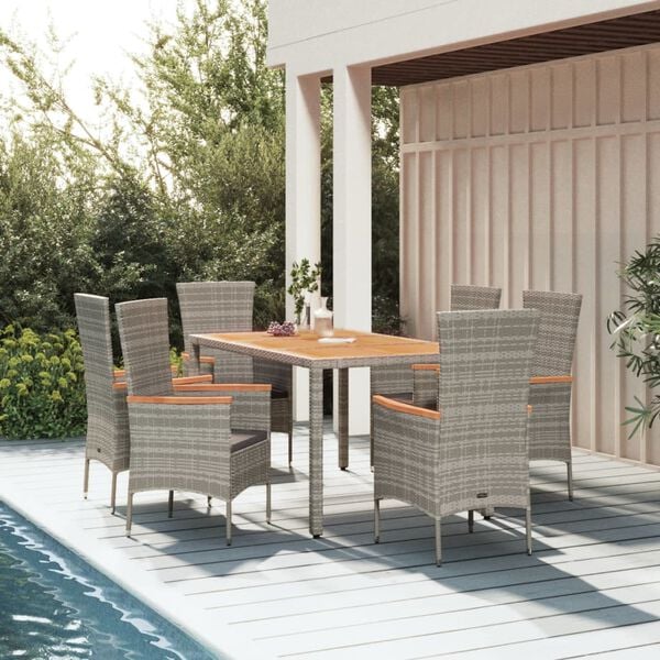 vidaXL 7 Piece Garden Dining Set with Cushions Grey Poly Rattan