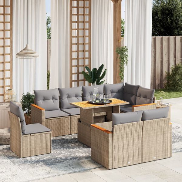 vidaXL 9 Piece Garden Sofa Set with Cushions Beige Poly Rattan