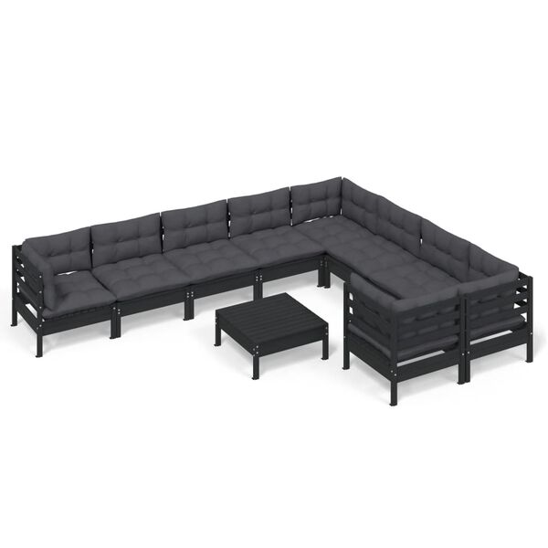 vidaXL 10 Piece Garden Lounge Set with Cushions Black Pinewood