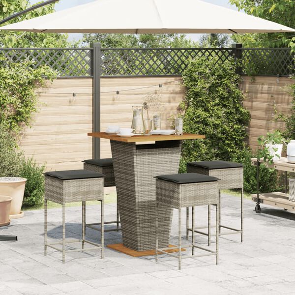 vidaXL 5 Piece Garden Bar Set with Cushions Grey Poly Rattan