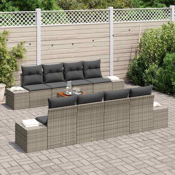 vidaXL Garden Sofa Set with Storage 9 pcs Grey Poly Rattan