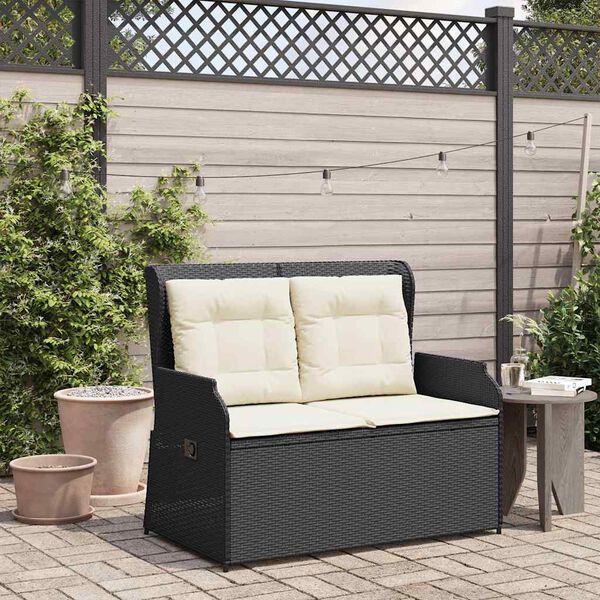 vidaXL Reclining Garden Bench with Cushions Black Poly Rattan
