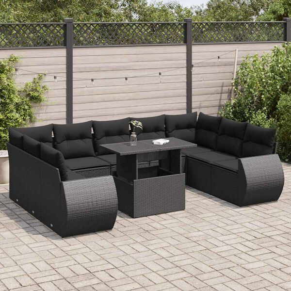 vidaXL 10 Piece Garden Sofa Set with Cushions Black Poly Rattan
