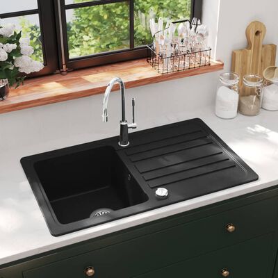 vidaXL Granite Kitchen Sink Single Basin with Drainer Reversible Black