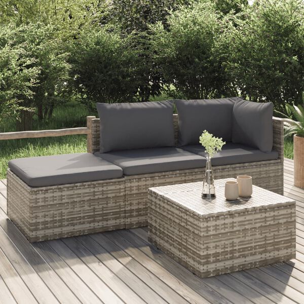 vidaXL 4 Piece Garden Lounge Set with Cushions Grey Poly Rattan