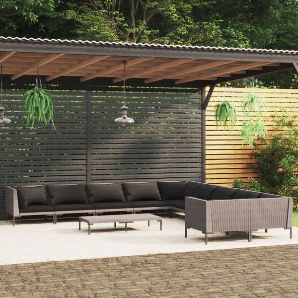 vidaXL 11 Piece Garden Lounge Set with Cushions Poly Rattan Dark Grey