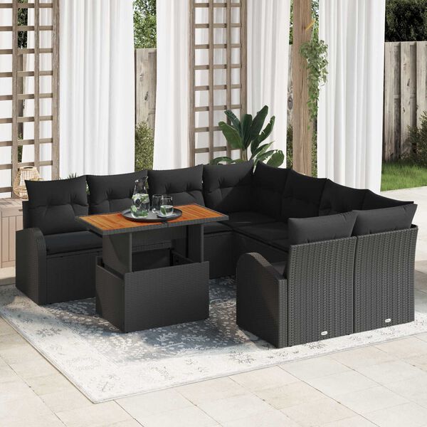 vidaXL Garden Sofa Set with Storage 9 pcs Black Poly rattan