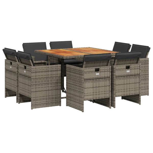 vidaXL 9 Piece Garden Dining Set with Cushions Grey Poly Rattan
