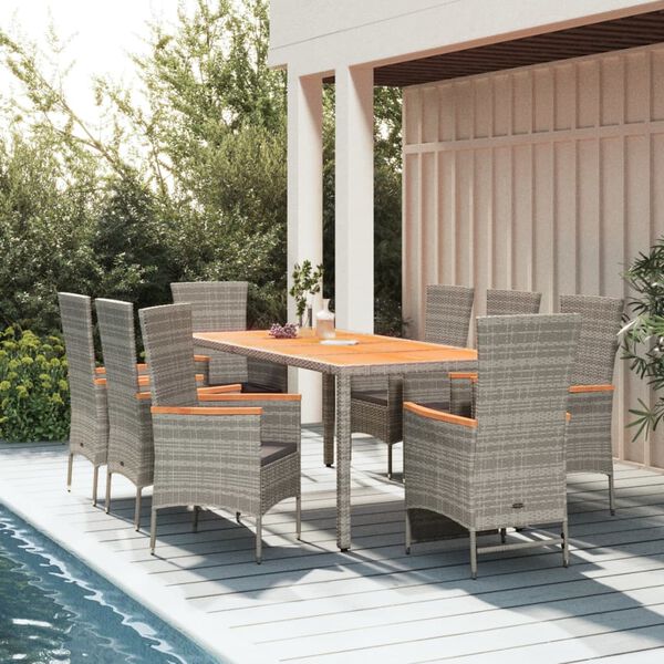 vidaXL 9 Piece Garden Dining Set with Cushions Grey Poly Rattan