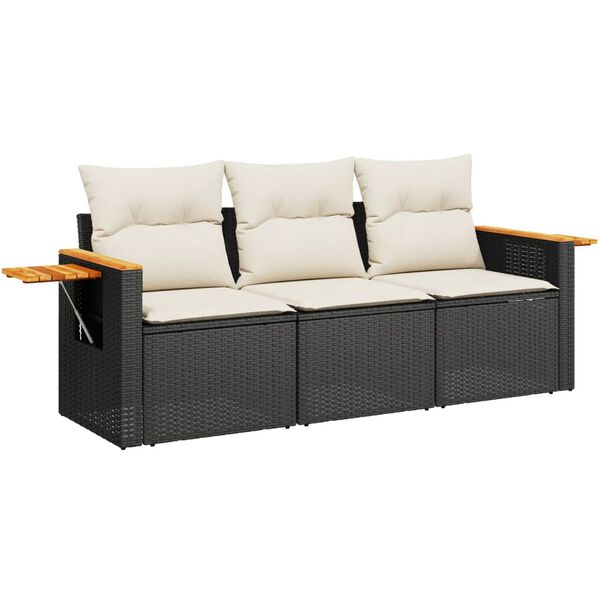 vidaXL 3 Piece Garden Sofa Set with Cushions Black Poly Rattan